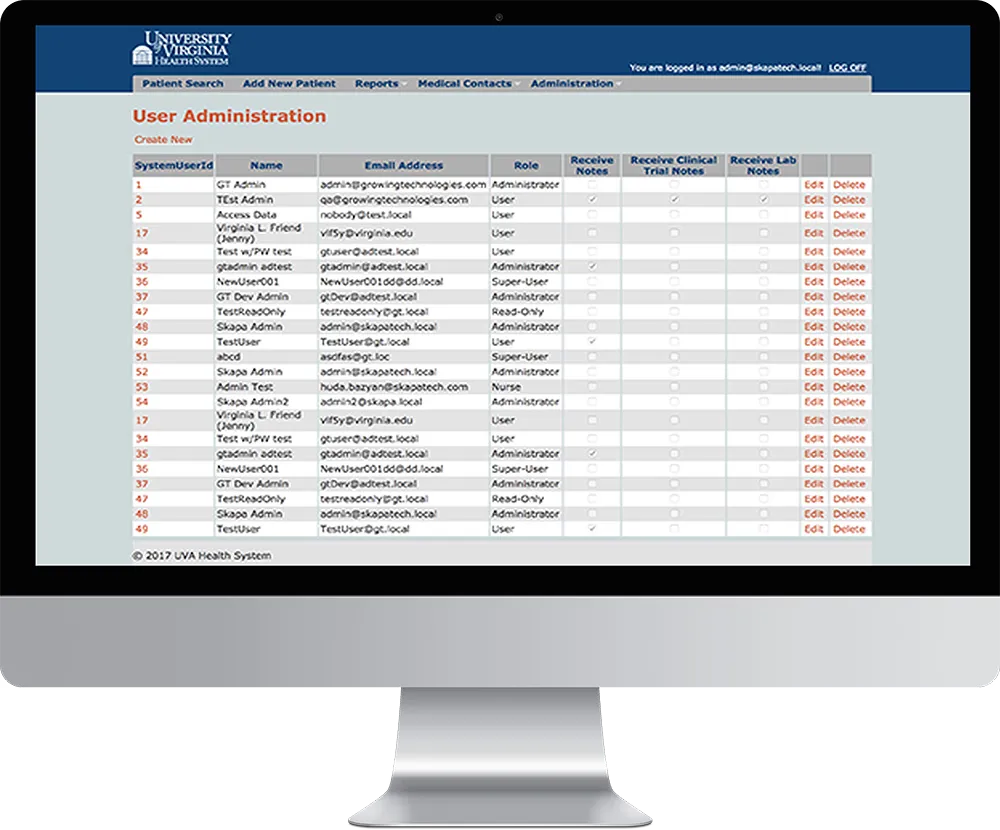A screenshot of the UVA Health System Neuro Oncology Clinic application