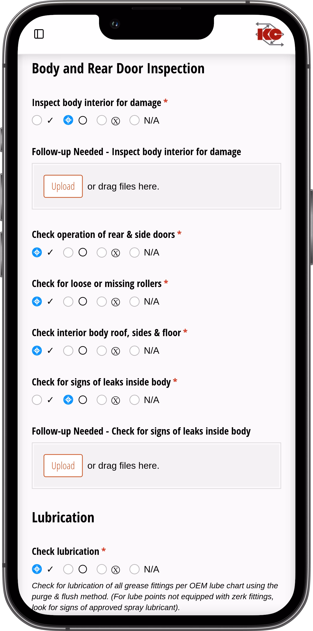KACE Group digital inspection portal screenshot