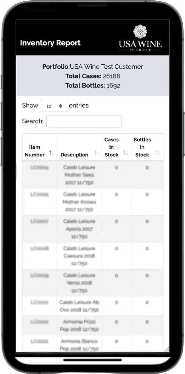 USA Wine Imports inventory tracking application screenshot