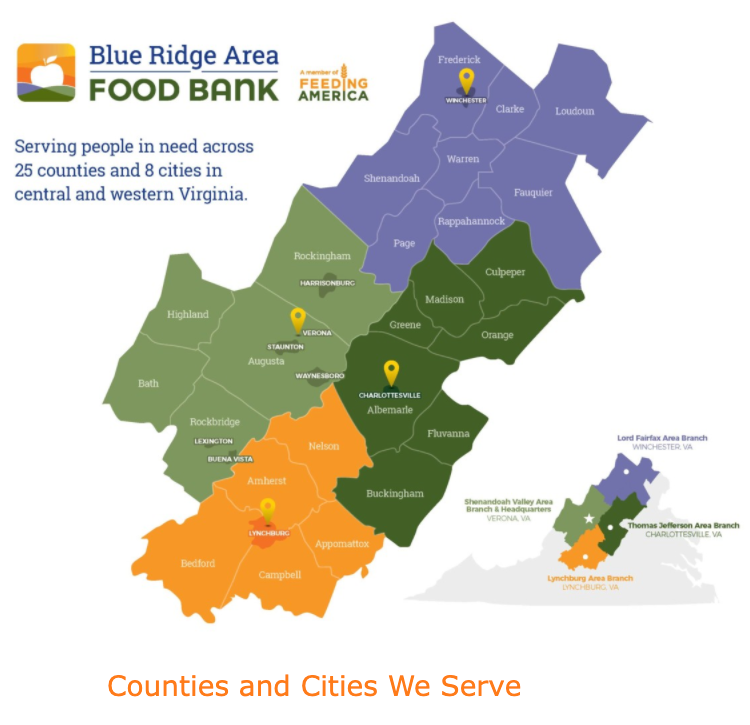 A screenshot of the cities/counties Blue Ridge Area Food Bank helps