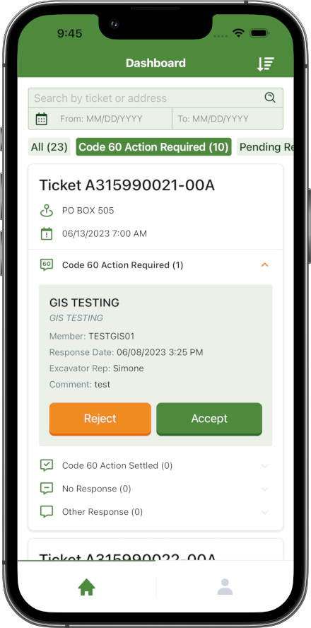 A screenshot of the scheduling tickets mobile app