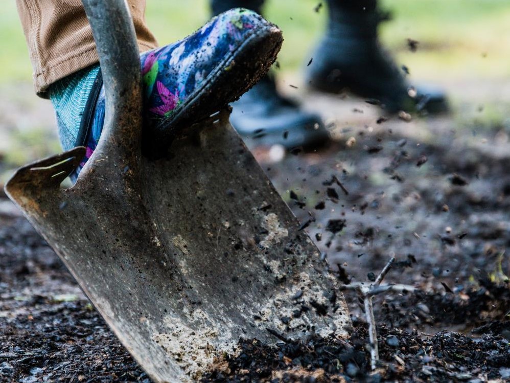 a boot on a shovel a few inches in the dirt